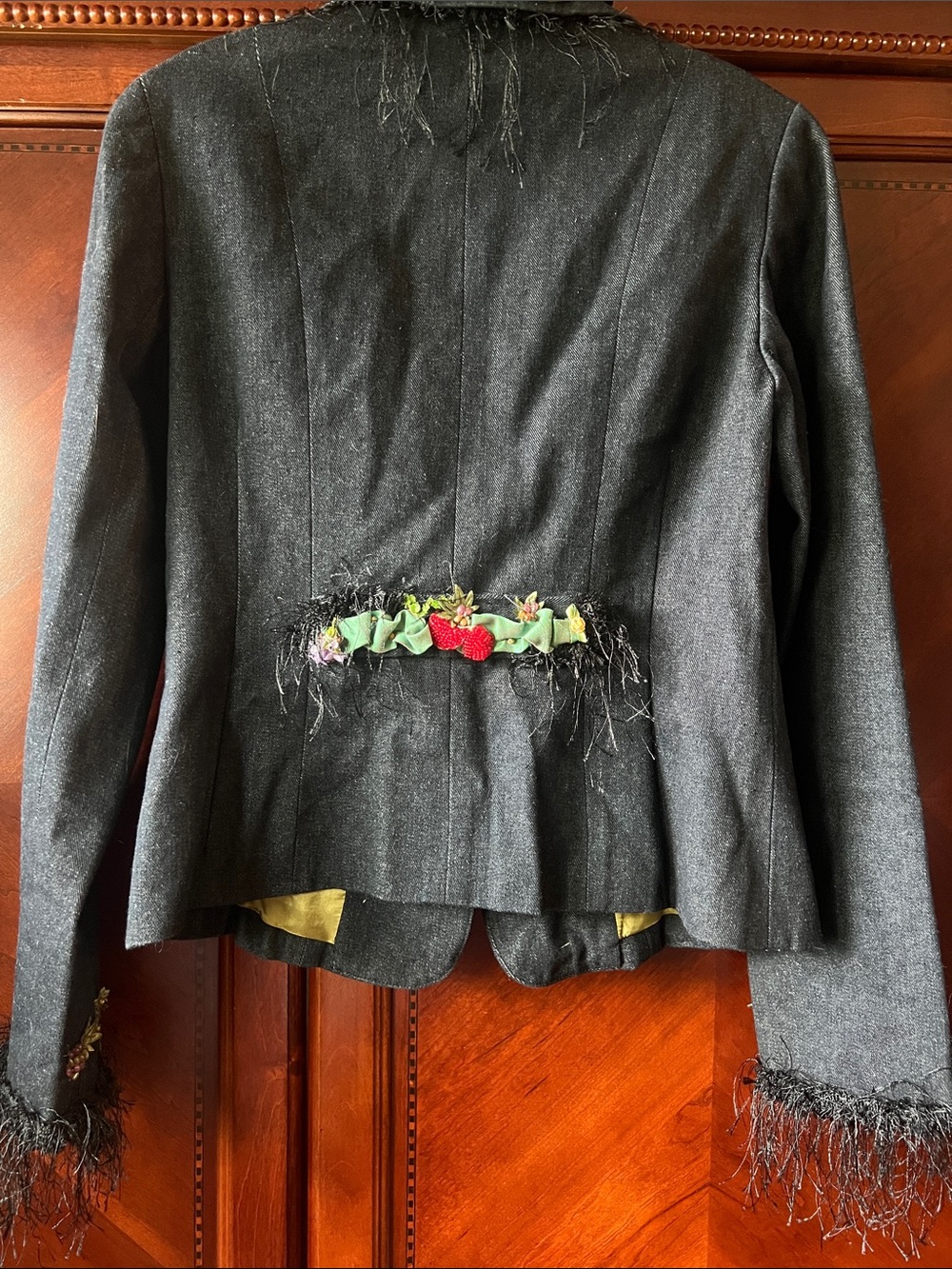 RARE MARY FRANCES Black Denim Jacket with Beaded/Embellished Fruits Size Small - Picture 9 of 16
